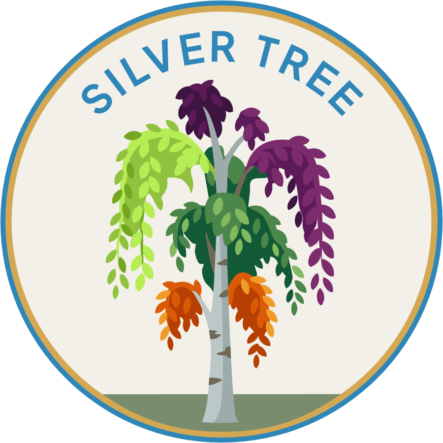Silver Tree parent company roundel, a silver birch with foliage in the colours of each division